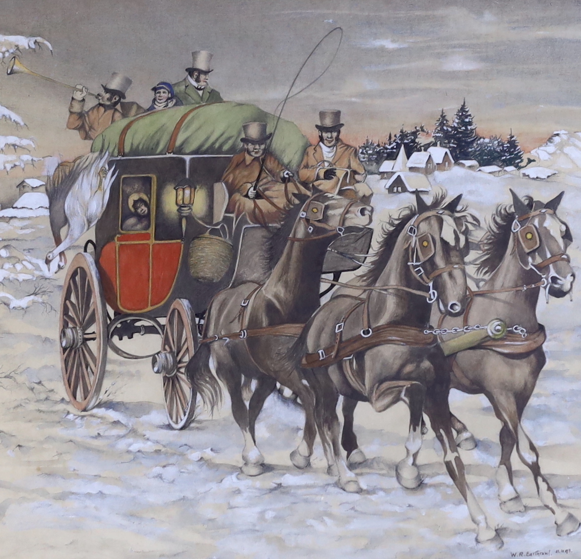 W.R Earthrowl (Modern British), watercolour, Stagecoach driving in winter landscape, signed and dated, 29 x 31cm